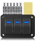 Rocker Switch Panel 12V Marine Waterproof Toggle Switch With Blue LED, Pre-Wired 3-Gang For Boat Car Truck RV UTV, On Off