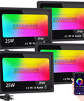 Outdoor RGB LED Flood Light 25W 250W Equiv 2500LM with App Control, Bluetooth, 16 Million Colors, 4-pack, remote control, US Plug