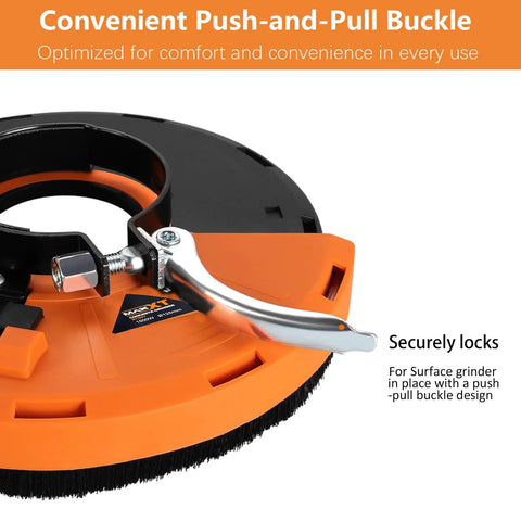Grinder Dust Shroud with push-pull buckle showing lock mechanism for Universal 4.5-5 inch diamond grinding wheel