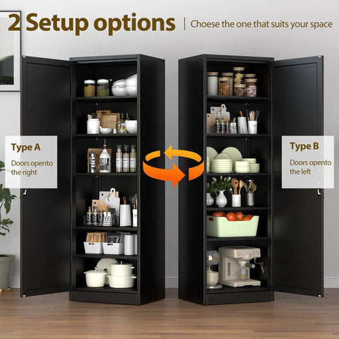 Tall Narrow Metal Storage Cabinet With Lock For Home Office School Garage Or Gym 5 Adjustable Shelves Heavy Duty Steel Locker Waterproof Powder Coated Black File Cabinet Built To Last showing two setup options for the doors.