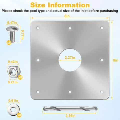 8x8 Inch Pool Water Return Repair Kit For Above Ground Pools showing dimensions and components included