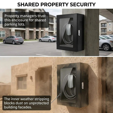 Rock Solid Commercial Grade Wall Mount EV Charger Enclosure featuring clear front window on exterior wall for secure power access.