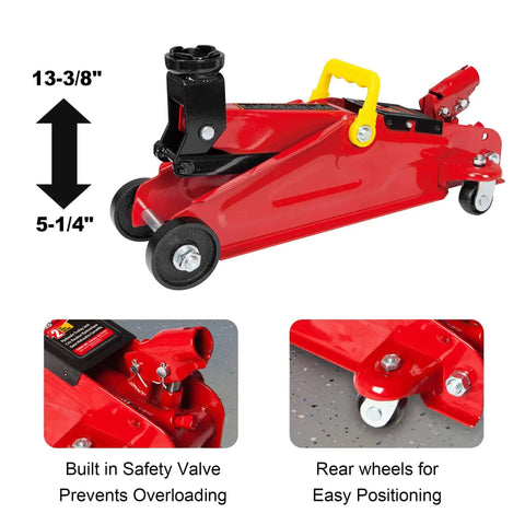 Heavy Duty 2 Ton Trolley Jack Set with Rolling Creeper and Dual Jack Stands, red steel, front view with casters shown