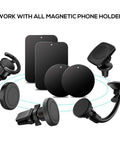 Universal Magnetic Phone Mount Metal Plates Kit 4 Pack with 3M Adhesive and compatible mounts displayed.