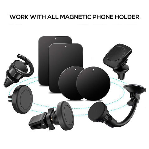 Universal Magnetic Phone Mount Metal Plates Kit 4 Pack with 3M Adhesive and compatible mounts displayed.