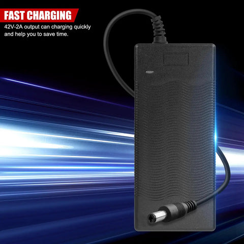 Portable 42V 2A Scooter Battery Charger For Electric Skateboard And EV with fast charging feature and cable in dynamic motion