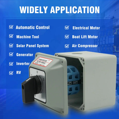 25A Rotary Changeover Switch In Exterior Box For Solar Power System With 3 Positions 3 Phase 12 Terminals shown with features list