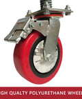 Tough As Nails Heavy Duty 6 Inch Adjustable Leveling Screw Jack Caster Wheels showing 360-degree swivel red polyurethane wheel.