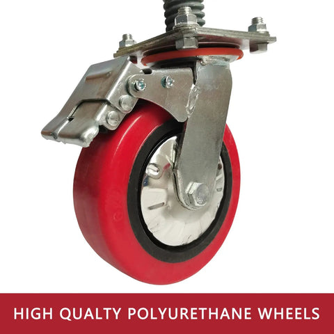 Tough As Nails Heavy Duty 6 Inch Adjustable Leveling Screw Jack Caster Wheels showing 360-degree swivel red polyurethane wheel.