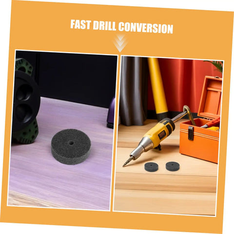 Heavy Duty 6-Piece Nylon Buffing Wheels With 3 Inch Width And One Quarter Inch Bore Hole For Bench Grinder Polishing Wood Metal Furniture Projects layout with buffing wheel on left and drill on right.