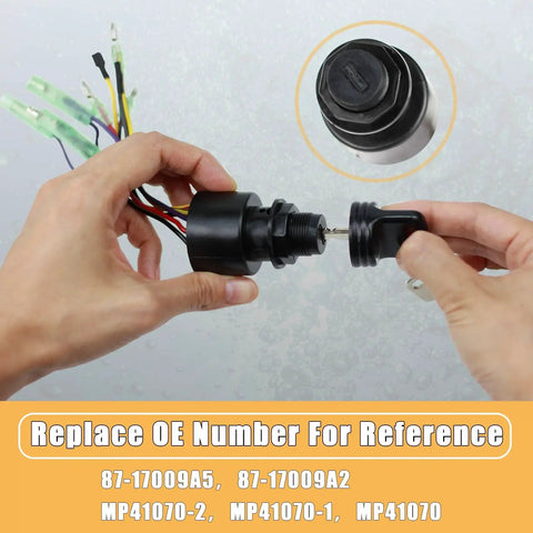 Hands holding Boat Ignition Starter Switch With Keys Replacement 3 Position 6 Wire Plug And Play For Outboard Motors Control Box.