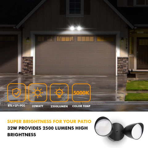 2 Pack No Nonsense Heavy Duty Dual Head Floodlights, Rock Solid Aluminum Security Wall Lights Serving Crisp 5000K Daylight Glow Across Patios Yards And Driveways, Black