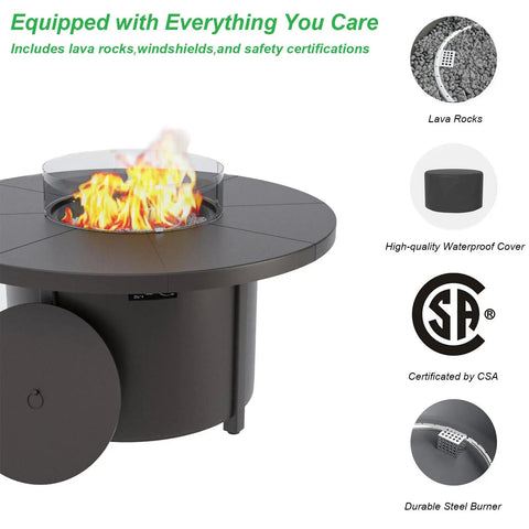 48 Inch Round Propane Fire Pit Tabletop Outdoor Heater With Auto Ignition 55000 BTU CSA Certified shown with accessories.
