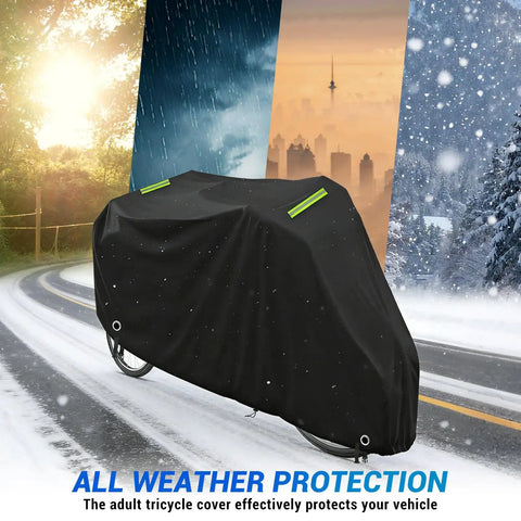 All-Weather 3 Wheel Trike Cover For Electric Bikes, Beefy Built-To-Last 600D Oxford Fabric With Reflective Strip, Tough All-Season Protection For Roadtrike And Similar E-Trikes, Windproof And Tear-Resistant Black, covered trike in snow
