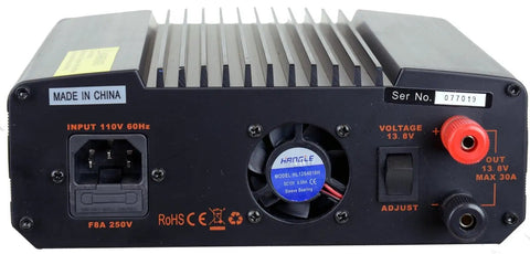 Back view of Beefy 30 Amp DC 13.8V Analog Switching Power Supply With Noise Offset For Ham And CB Radios, showing voltage and input ports.