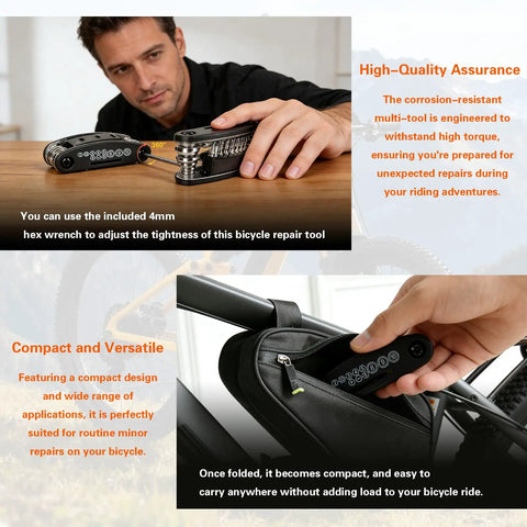 16 In 1 Bike Multitool Kit For On The Go Repairs showing repair tool use and storage in bicycle bag