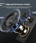 Close-up of Bluetooth Bookshelf Speakers for Turntable With 60W RMS Power, highlighting 4-inch woofer and 1-inch tweeter.