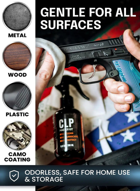 All In One Gun Cleaning Kit That Cleans Lubes And Protects All Moving Parts With A 6.8 Oz Sprayer, cloth cleaning a gun