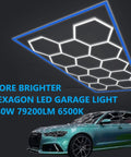 Hexagon 14 Grid LED Garage Light Kit With Blue Border Frame For Garage Or Workshop, 81 Light Assembly, mounted above a car