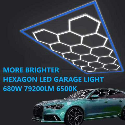 Hexagon 14 Grid LED Garage Light Kit With Blue Border Frame For Garage Or Workshop, 81 Light Assembly, mounted above a car