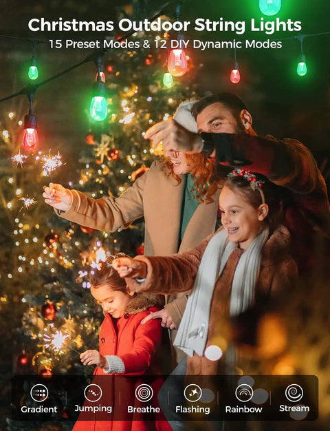 Family enjoying Smart Outdoor String Lights 49 Ft RGBW With 15 LED Bulbs App And WiFi Control Alexa Compatible IP65 Waterproof at party