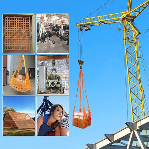 Heavy Duty Cargo Lifting Net With Tear Resistant Nylon Hoisting Sling for loading and unloading, shown with crane and items