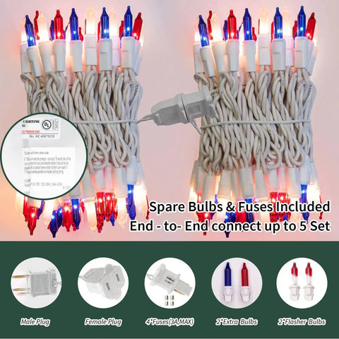 Patriotic String Lights Kit With Red White Blue Mini Lights On White Wire, 19.6 Feet, 100 Count, UL Listed, IP44 Water Resistant