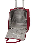 Open view of red underseat carry-on with wheels, showing large main compartment and zippered clear pocket for organization, 9x14x15 inches.