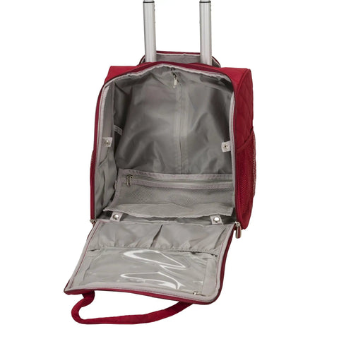 Open view of red underseat carry-on with wheels, showing large main compartment and zippered clear pocket for organization, 9x14x15 inches.