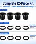 4 Pack Thread Protector Kit 1/2-28 To 5/8-24 Thread Reducer With Crush Washers And Sealing Washers Includes 4 black steel adapters, washers, and O-rings
