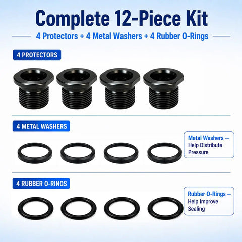 4 Pack Thread Protector Kit 1/2-28 To 5/8-24 Thread Reducer With Crush Washers And Sealing Washers Includes 4 black steel adapters, washers, and O-rings