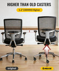 Comparison of office chairs with 3 inch wheels showing height difference, featuring Office Chair Wheels Set Of 5 3 Inch All Black Casters 11x22mm Rubber Roller Blades For Carpet And Hardwood Floors Silky Smooth Glide With Quiet Bearings And Soft PU Shell Game Changing Comfort Safe For All Surfaces