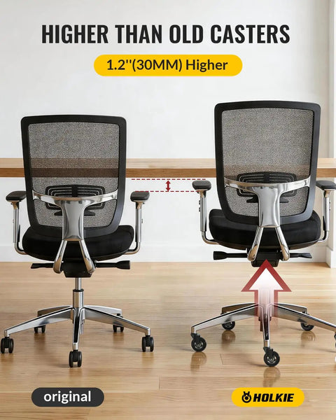 Comparison of office chairs with 3 inch wheels showing height difference, featuring Office Chair Wheels Set Of 5 3 Inch All Black Casters 11x22mm Rubber Roller Blades For Carpet And Hardwood Floors Silky Smooth Glide With Quiet Bearings And Soft PU Shell Game Changing Comfort Safe For All Surfaces