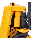 Close-up of Apollo Full Electric Pallet Jack showing motor and hydraulic components, highlighting moving parts and sturdy construction.
