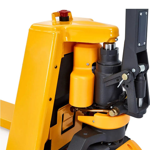 Close-up of Apollo Full Electric Pallet Jack showing motor and hydraulic components, highlighting moving parts and sturdy construction.