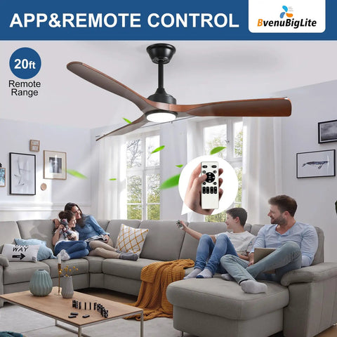 52 Inch Outdoor Ceiling Fan With Light Three Blade Modern Walnut Vibe Dimmable LED Lighting Remote Ultra Quiet DC Motor Reversible For Year Round Comfort Timer Perfect For Patios Decks And Outdoor Living Areas shown in a living room setting