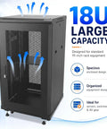 Badass Heavy Duty 18U Server Rack Cabinet With Smooth Rolling Locking Wheels And Adjustable Depth For 19 Inch Network Gear And Tight Cable Setup, showing spacious design with ventilation.