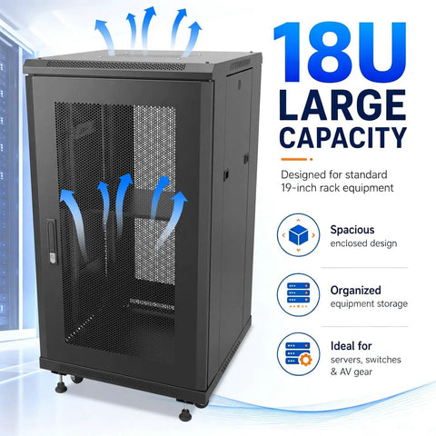 Badass Heavy Duty 18U Server Rack Cabinet With Smooth Rolling Locking Wheels And Adjustable Depth For 19 Inch Network Gear And Tight Cable Setup, showing spacious design with ventilation.