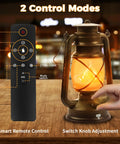 Two Pack Bronze Vintage Rechargeable Lanterns With Remote Control Four Modes Include Flickering Flame And Three Color Temperatures 3000K 4500K 6000K Perfect For Camping Power Outages And Outdoor Adventures shown with remote and knob control
