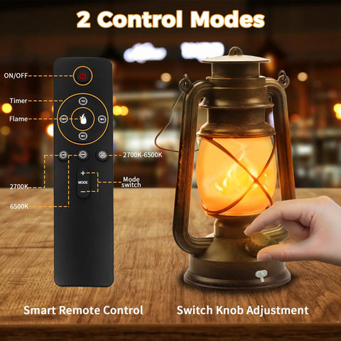 Two Pack Bronze Vintage Rechargeable Lanterns With Remote Control Four Modes Include Flickering Flame And Three Color Temperatures 3000K 4500K 6000K Perfect For Camping Power Outages And Outdoor Adventures shown with remote and knob control