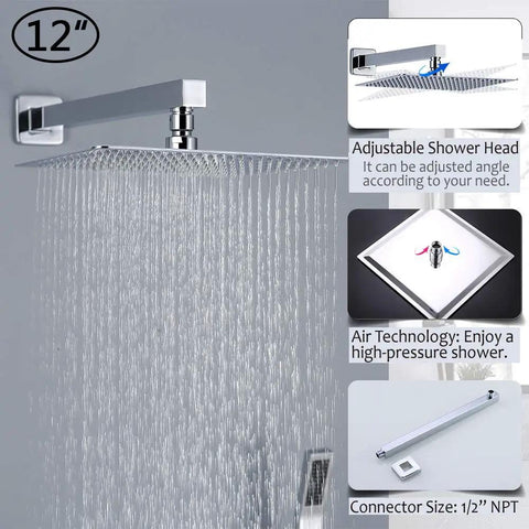 Polished Chrome Shower System Kit Full Wall Mount With 12 Inch Rainfall Head, adjustable arm, high-pressure flow, SUS 304 steel