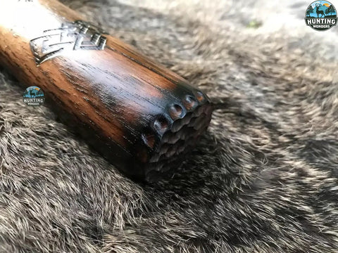 Close-up of rosewood handle detail on Custom Handmade Bear Engraved Decorative Hammer For Blacksmiths And Crafters