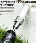Electric drill compatible PVC pipe threader set shown with hexagonal handle attached to drill for rapid plumbing tasks.