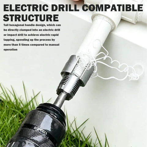 Electric drill compatible PVC pipe threader set shown with hexagonal handle attached to drill for rapid plumbing tasks.
