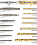 Comparison of spiral screw extractors and left-hand drill bits sizes from 14 Piece Left Hand Drill Bit And Screw Extractor Set