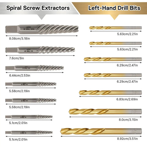 Comparison of spiral screw extractors and left-hand drill bits sizes from 14 Piece Left Hand Drill Bit And Screw Extractor Set
