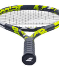 Front view of Boost Aero Yellow Tennis Racquet Pre Strung With White Syn Gut At Mid Range Tension One Quarter Inch Grip Lightweight 260g Graphite