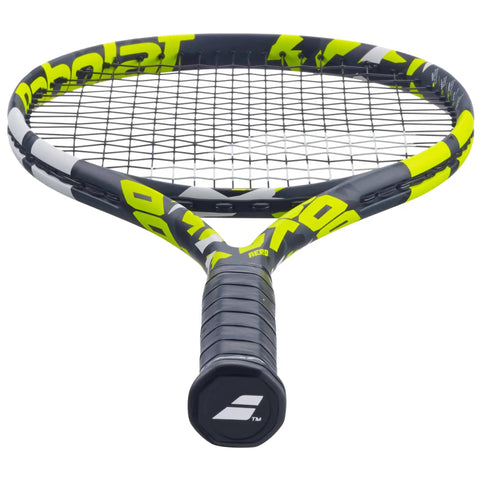 Front view of Boost Aero Yellow Tennis Racquet Pre Strung With White Syn Gut At Mid Range Tension One Quarter Inch Grip Lightweight 260g Graphite
