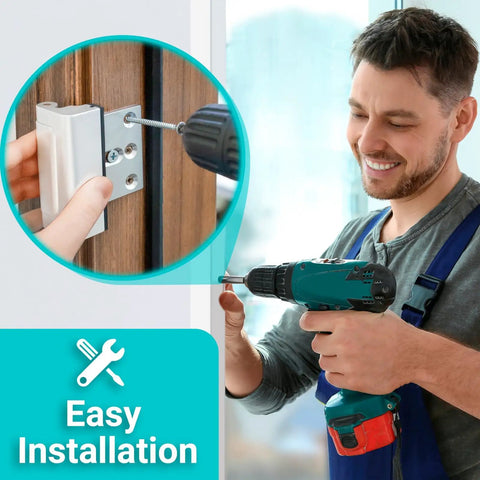 Man installing 2 Pack Door Reinforcement Lock For Front Door Home Security Upgrade, Heavy Duty Door Latch Reinforcer, using drill.