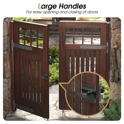 Tough As Nails Double Sided Gate Latch For Left Inswing Wooden Fences Rustproof Aluminum Body With Smooth Powder Coat Finish displayed on double doors.